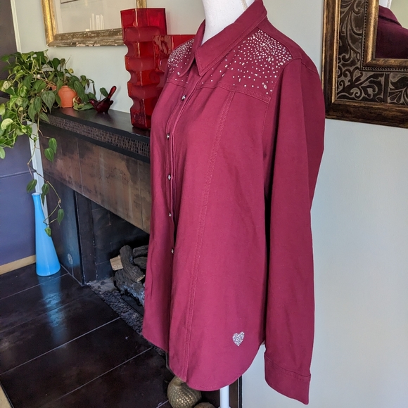 Dream Jeannes By Quacker Factory Wms Large Embellished Button Up Shacket Wine - Picture 4 of 11